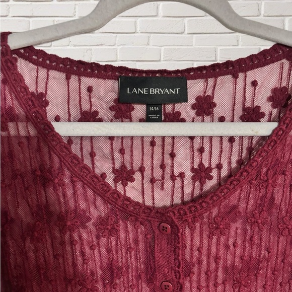Lane Bryant Burgundy Lace Sheer Blouse Size 14/16 Bell Sleeve Boho Peplum - Picture 2 of 4